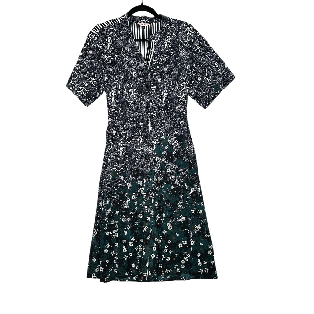 THE KIT Floral Paisley Striped Print Midi Dress‎ 2 Button Front Career Timeless